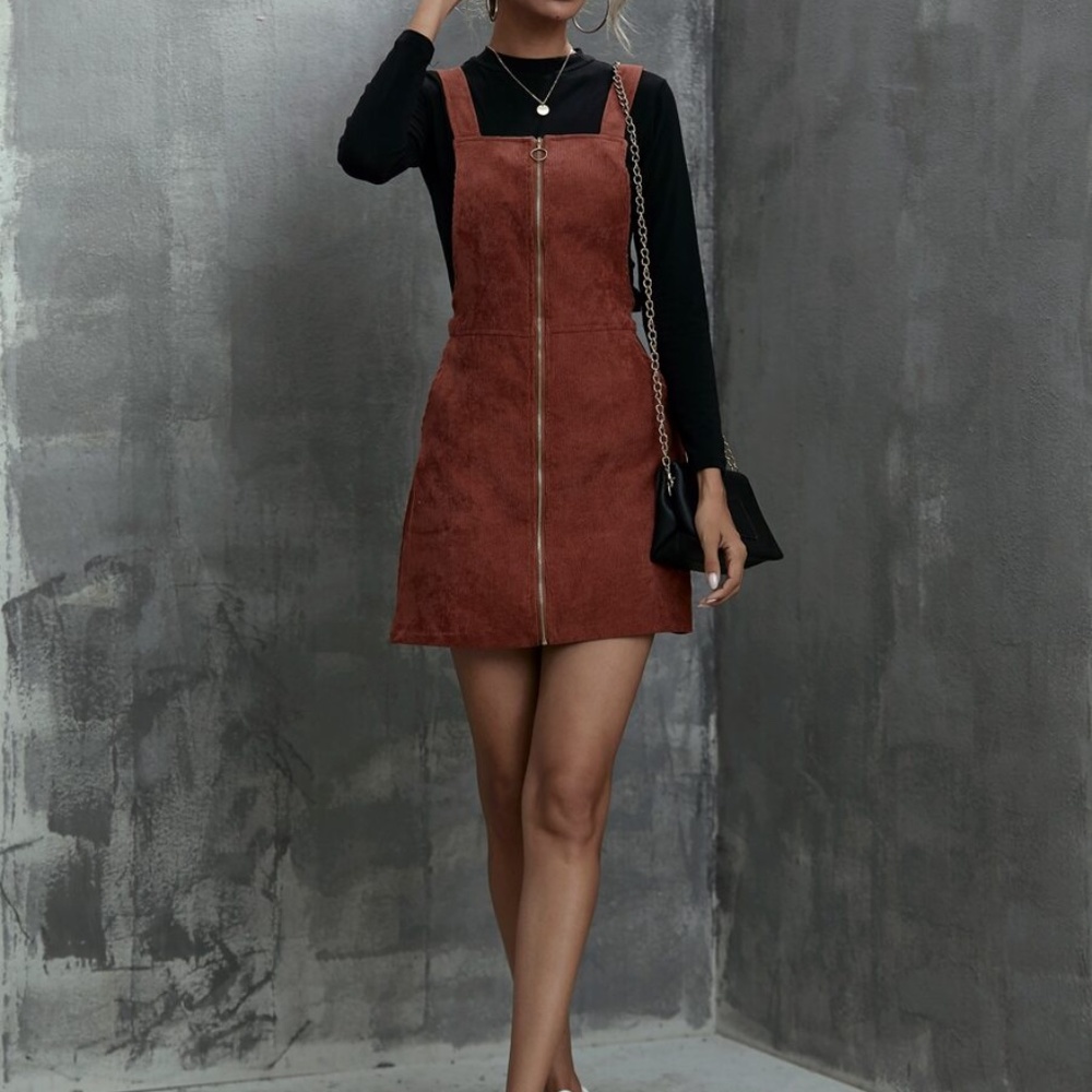 Boho Rust Brown corduroy Zipper Mini Dress - Picture 2 of 8